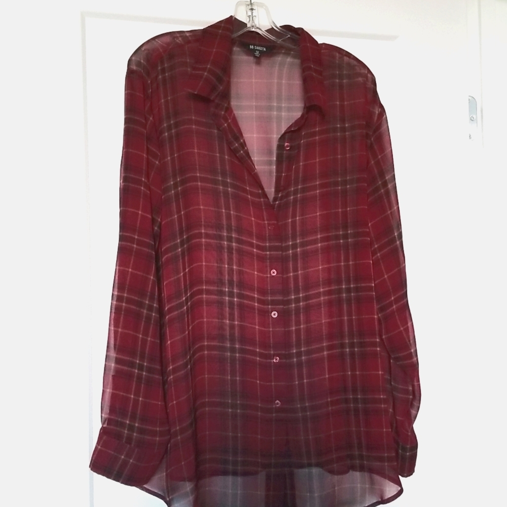 BB DAKOTA Plaid Button Down Burgundy Sheer Long Sleeve Shirt Size 1X